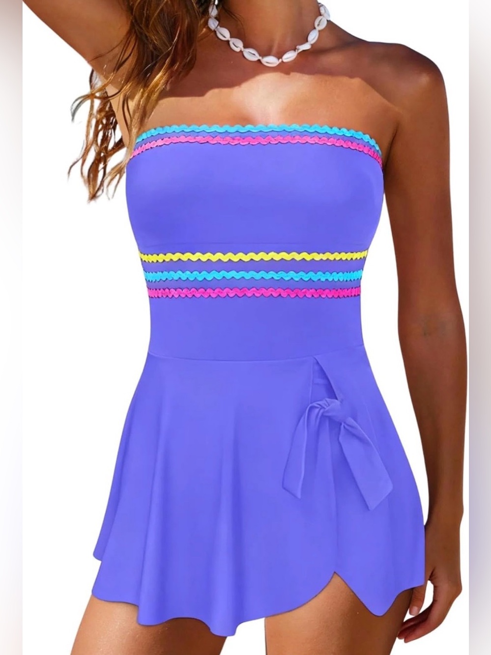 0107: Strapless Purple Swim Dress Bandeau Tummy Control with Colorful Trim